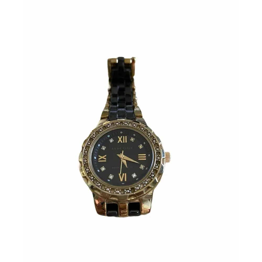 Anne Klein 10/9456 Two-Tone Gold & Black Ceramic Watch with Swarovski Crystals